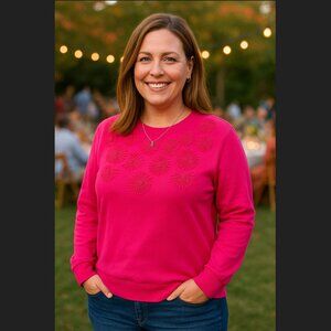 Talbots Floral Sweatshirt Size XL PETITE Pink 100% Cotton Beaded Daisy Crewneck